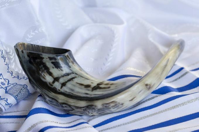 shofar på en tallit bedende sjal baggrund