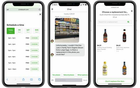 tre telefoner, der viser instacart-apps leveringstider, kommunikation med shopper og erstatningsingrediens