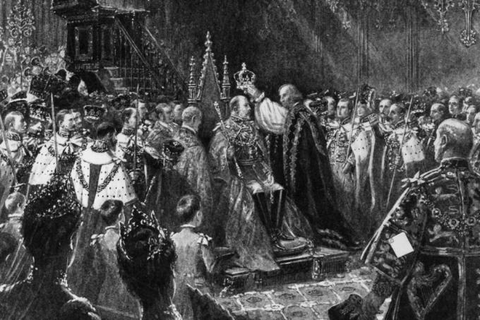 9. august 1902 edward vii bliver kronet under kroningsceremonien i westminster abbey, london foto af hulton archivegetty images