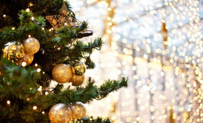 beskåret juletræ med ornamenter om natten