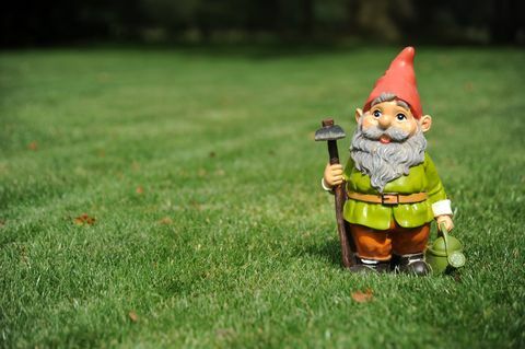 tæt op af haven gnome holder pickax og vandkande