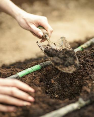 kvinde graver et hul i haven med en lille spade